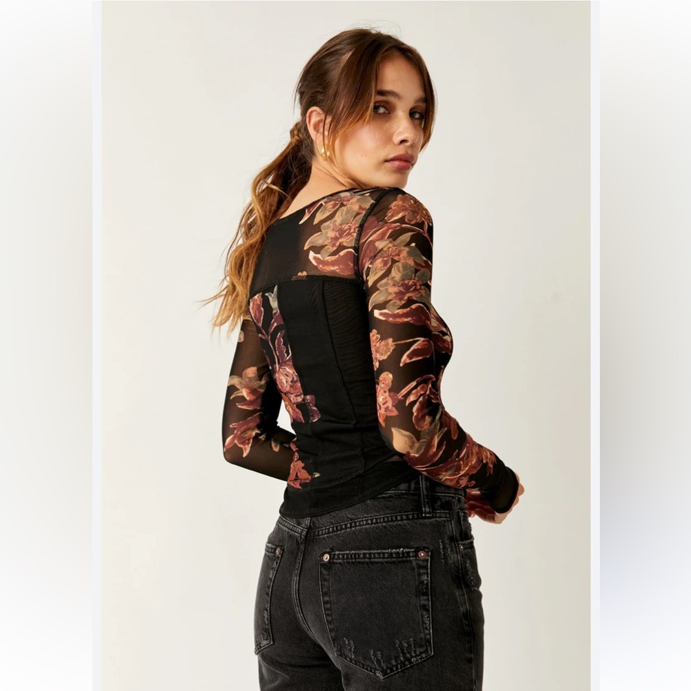 Free People Women's Betty's Garden Top Black Floral Sheer Long Sleeve